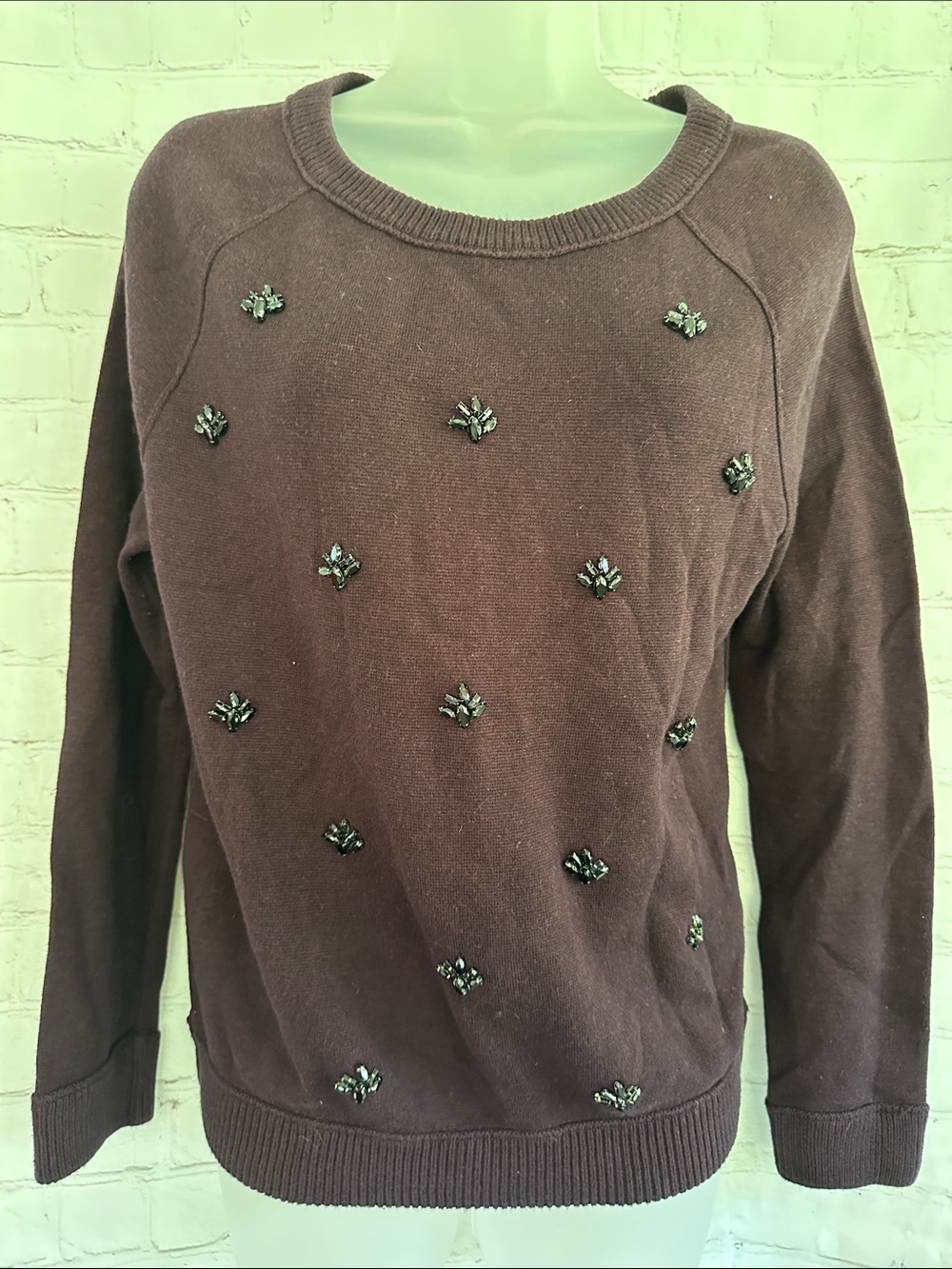 Ann Taylor Loft Embellished Crewneck Sweater - Deep Plum Cotton Blend M